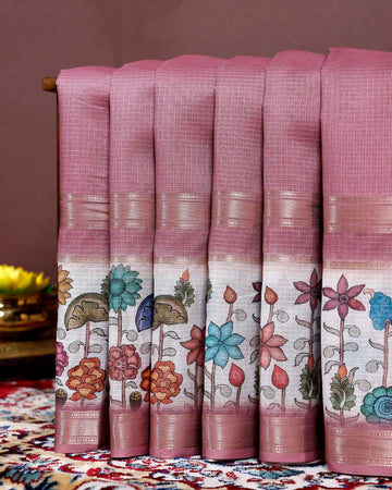 Hand-Painted Floral Kota Cotton Saree with Zari Border - Pink