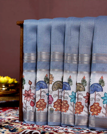 Hand-Painted Floral Kota Cotton Saree with Zari Border - Blue