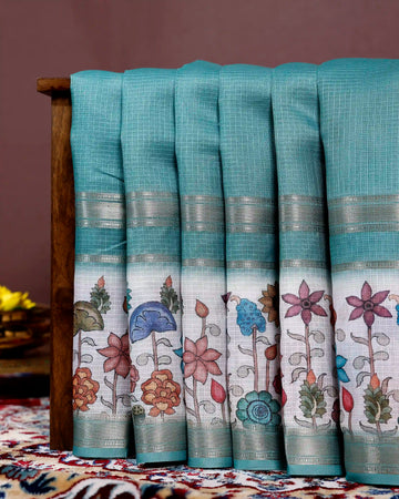 Hand-Painted Floral Kota Semi Tussar Saree with Zari Border - Green