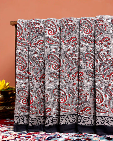 Handcrafted Paisley Motif Mul Mul Cotton Saree with Contrast Border - Grey