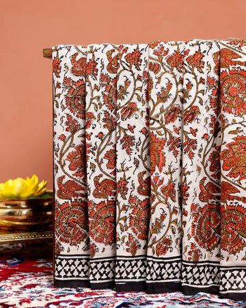 Elegant Mul Mul Cotton Saree with Traditional Floral & Bird Print - Off White