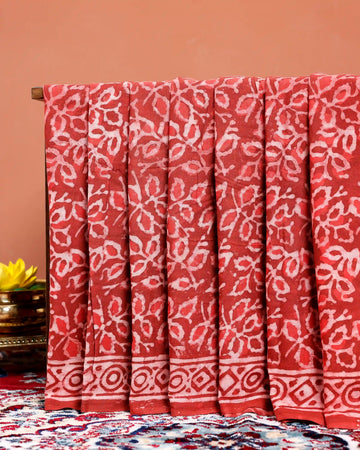 Handblock Printed Mul Mul Cotton Saree with Floral Motifs and Geometric Border - Red