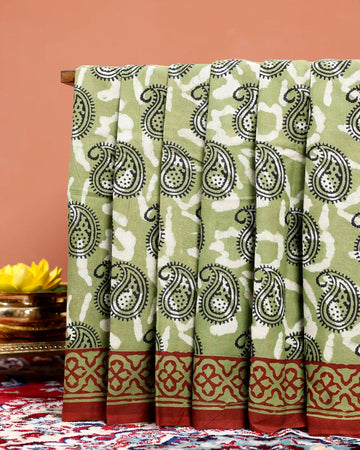 Hand Block Printed Mul Mul Cotton Saree with Paisley Motifs and Geometric Border - Green