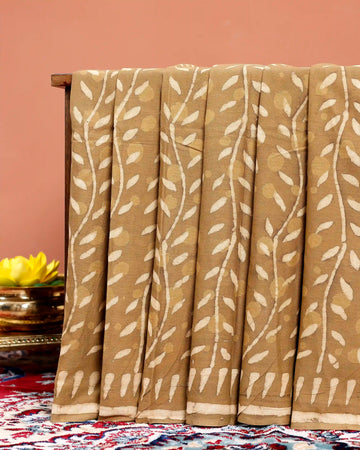 Hand Block Printed Mul Mul Cotton Saree with Leaf Motif - Brown