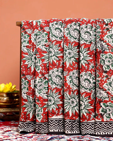 Hand-Printed Floral Mulmul Cotton Saree with Chevron Border - Red