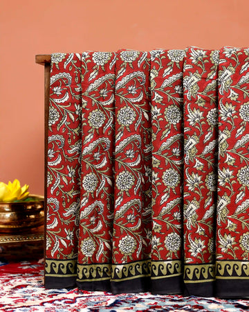 Handcrafted Mul Mul Cotton Saree with Elegant Floral Print & Contrast Border - Red
