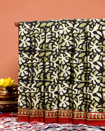 Mulmul Cotton Saree with Hand Block Printed Leaf Motif and Border - Black