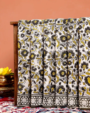 Hand Block Printed Floral Mulmul Cotton Saree with Traditional Border Design - White