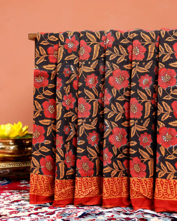 Hand Block Printed Mul Mul Cotton Saree with Floral & Leaf Motifs and Intricate Border Design - Black