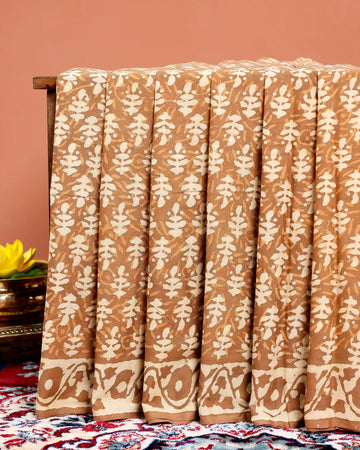Hand Block Printed Mulmul Cotton Saree with Traditional Motifs - Brown