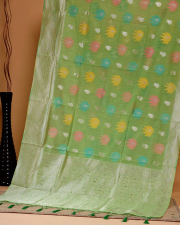 Rainbow Cotton Saree with Intricate Floral Butta Design and Rich Woven Border - Green