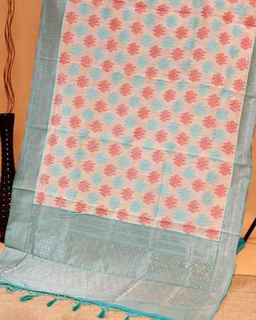 Handwoven Rainbow Cotton Saree with Allover Traditional Butta Design and Rich Woven Border - Cream