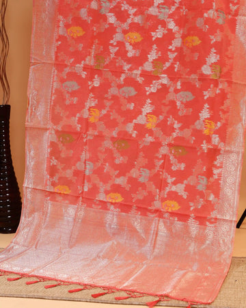 Handwoven Rainbow Cotton Saree with Floral Weaving and Rich Decorative Border - Red