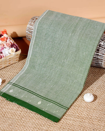 Handloom Bengal Cotton Saree with Woven Border & Subtle Texture - Green