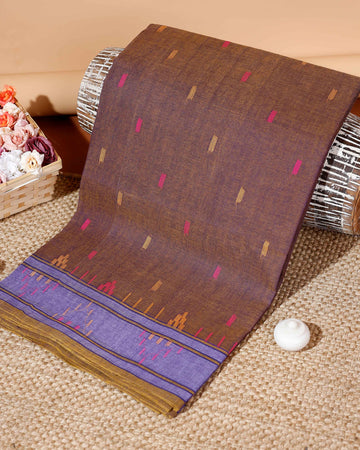 Handwoven Bengal Cotton Saree with Intricate Extra Weft Buttis and Contrasting Border - Brown