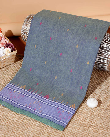 Handwoven Bengal Cotton Saree with Intricate Extra Weft Buttis and Contrasting Border - Grey