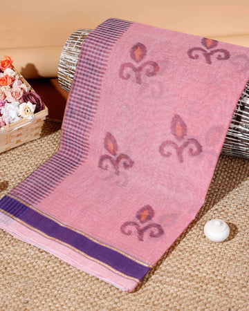 Handloom Bengal Cotton Saree with Traditional Motif & Checked Border - Peach