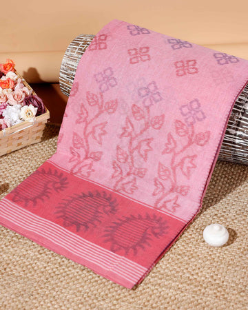 Handloom Bengal Cotton Saree with Woven Paisley Border and Buti Motifs - Pink