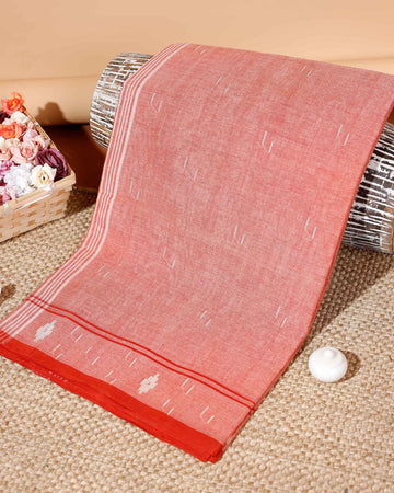 Handloom Bengal Cotton Saree with Woven Border & Subtle Texture - Red