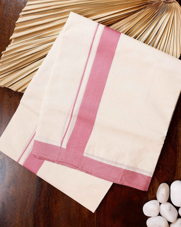 Traditional Handwoven Cotton Dhoti with Pink Border and Elegant Finish - Off White