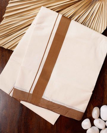 Traditional Handwoven Cotton Dhoti with Brown Border and Elegant Finish - Off White