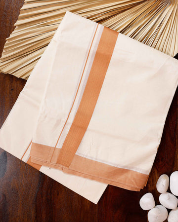 Traditional Handwoven Cotton Dhoti with Orange Border and Elegant Finish - Off White