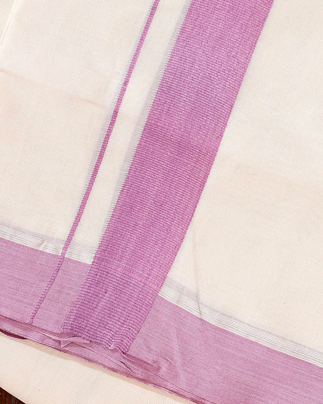 Traditional Handwoven Cotton Dhoti with Lavender Border and Elegant Finish - Off White