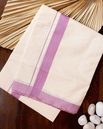 Traditional Handwoven Cotton Dhoti with Lavender Border and Elegant Finish - Off White