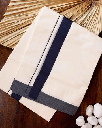 Traditional Handwoven Cotton Dhoti with Navy Blue Border and Elegant Finish - Off White