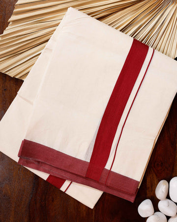 Traditional Handwoven Cotton Dhoti with Maroon Border and Elegant Finish - Off White