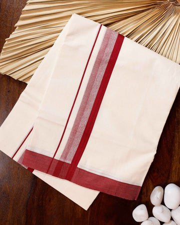 Traditional Handwoven Cotton Dhoti with Maroon Border and Elegant Finish - Off White