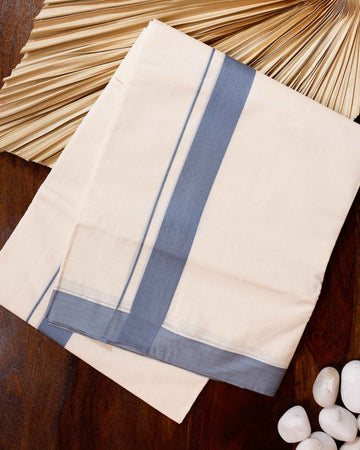 Traditional Handwoven Cotton Dhoti with Light Blue Border and Elegant Finish - Off White