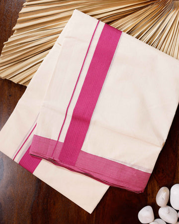 Traditional Handwoven Cotton Dhoti with Pink Border and Elegant Finish - Off White