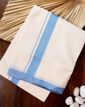 Traditional Handwoven Cotton Dhoti with Blue Border and Elegant Finish - Off White