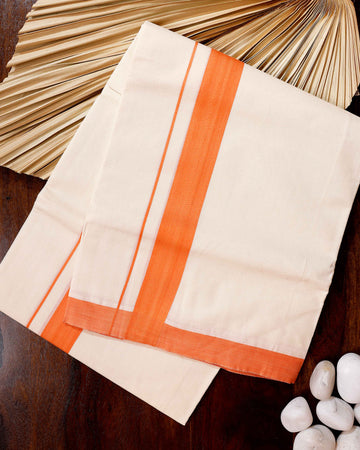 Traditional Handwoven Cotton Dhoti with Orange Border and Elegant Finish - Off White
