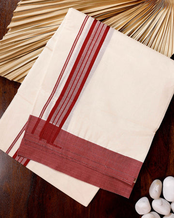 Traditional Handwoven Cotton Dhoti with Maroon Border and Elegant Finish - Off White