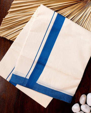 Traditional Handwoven Cotton Dhoti with Blue Border and Elegant Finish - Off White
