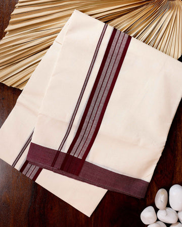 Traditional Handwoven Cotton Dhoti with Purple Border and Elegant Finish - Off White