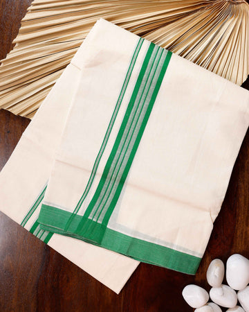 Traditional Handwoven Cotton Dhoti with Green Border and Elegant Finish - Off White