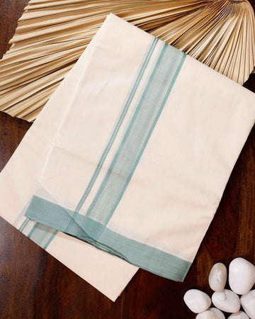 Traditional Handwoven Cotton Dhoti with Light Green Border and Elegant Finish - Off White
