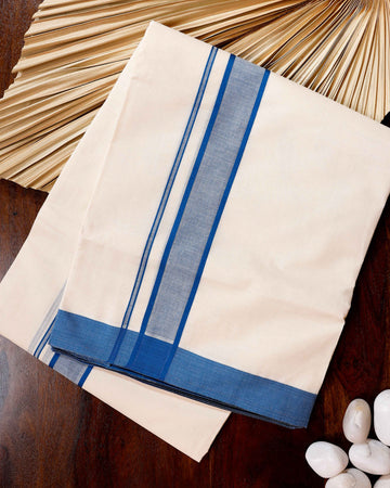 Traditional Handwoven Cotton Dhoti with Blue Border and Elegant Finish - Off White