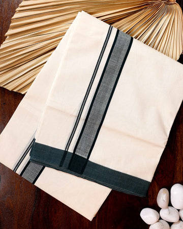 Traditional Handwoven Cotton Dhoti with Dark Green Border and Elegant Finish - Off White