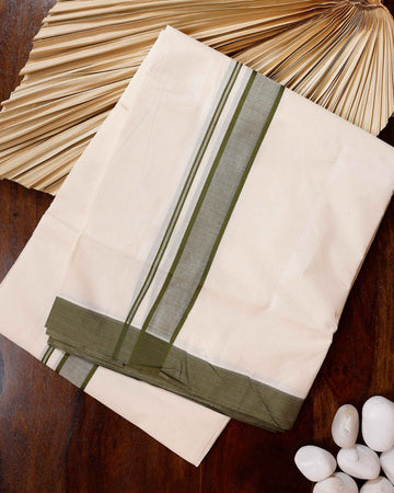 Traditional Handwoven Cotton Dhoti with Green Border and Elegant Finish - Off White