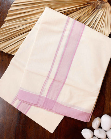 Traditional Handwoven Cotton Dhoti with Pink Border and Elegant Finish - Off White