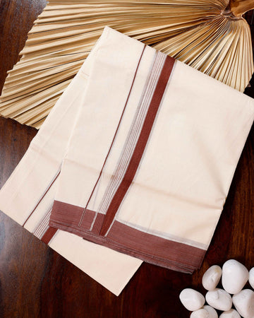 Traditional Handwoven Cotton Dhoti with Maroon Border and Elegant Finish - Off White