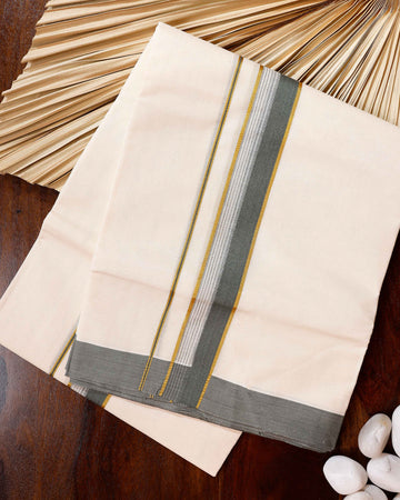 Traditional Handwoven Cotton Dhoti with Grey Border and Elegant Finish - Off White