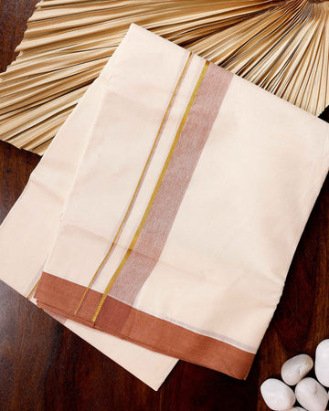 Traditional Handwoven Cotton Dhoti with Brown Border and Elegant Finish - Off White