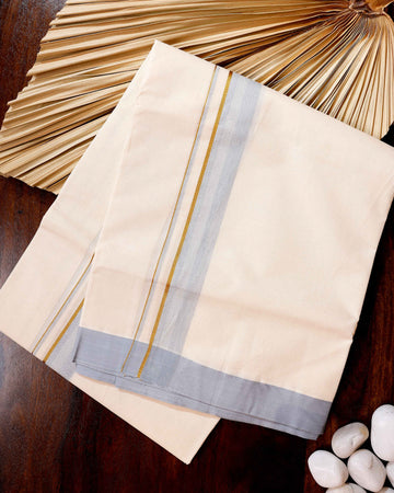 Traditional Handwoven Cotton Dhoti with Light Blue Border and Elegant Finish - Off White