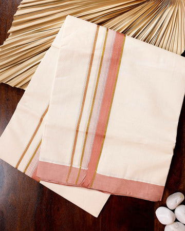Traditional Handwoven Cotton Dhoti with Peach Border and Elegant Finish - Off White