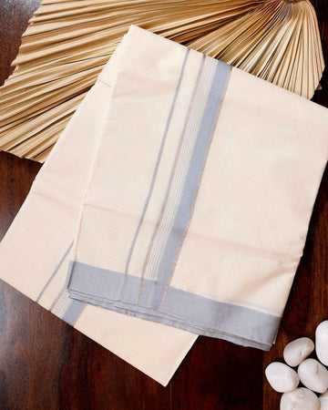 Traditional Handwoven Cotton Dhoti with Light Blue Border and Elegant Finish - Off White